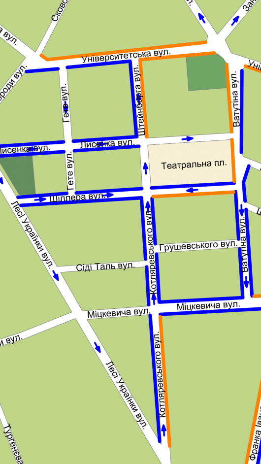 З 22 серпня у Чернівцях навколо Театральної площі та вулиць Братів Руснаків буде односторонній рух (схеми)